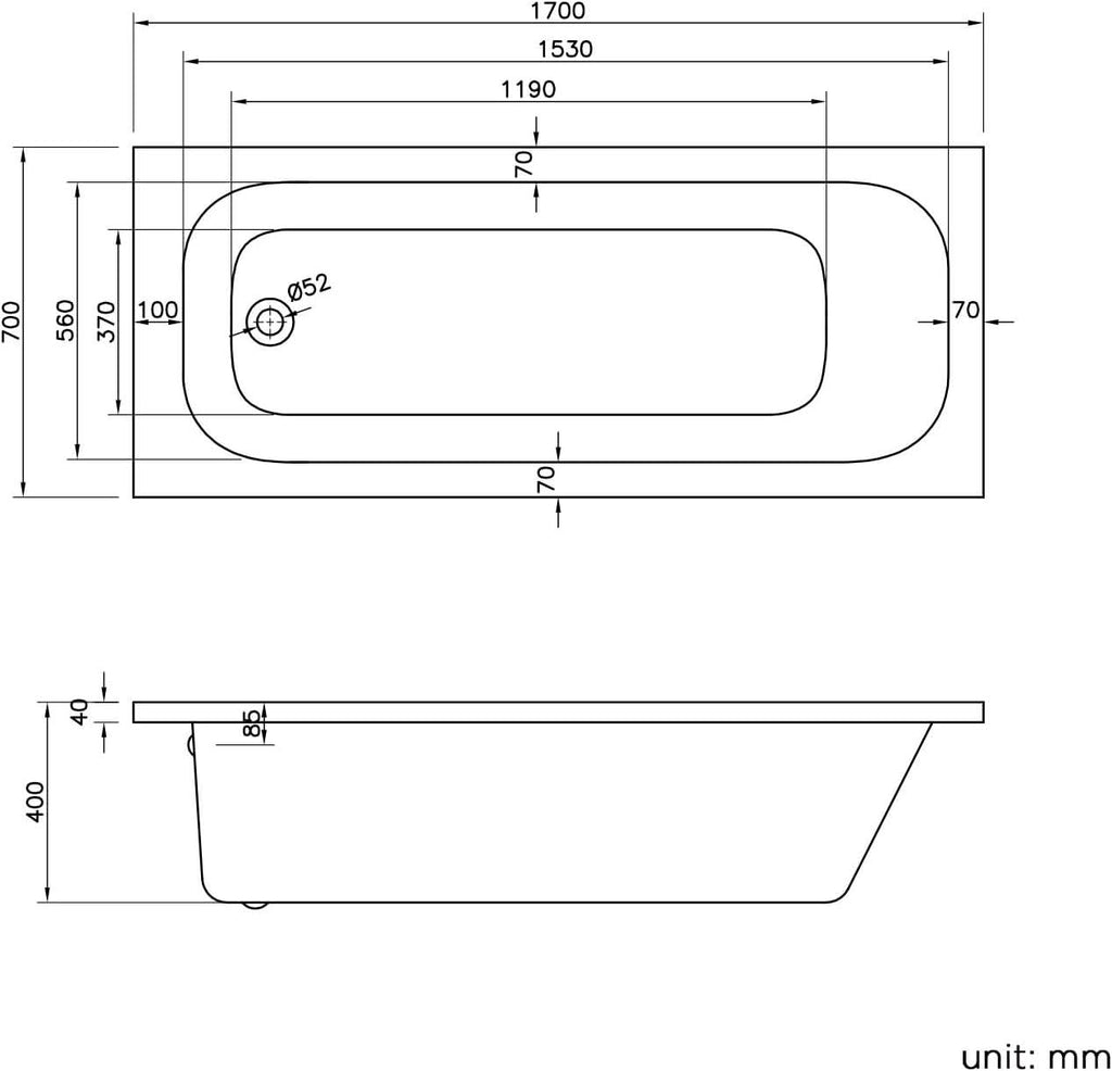 Technical drawing of the iBathUK Arvon Luxury Single Ended Straight Bath, 1700mm, displays top and side views with precise dimensions: length 1700mm, width 700mm, height 400mm. Drain position and rim width are clearly indicated. Brand: iBathUK.