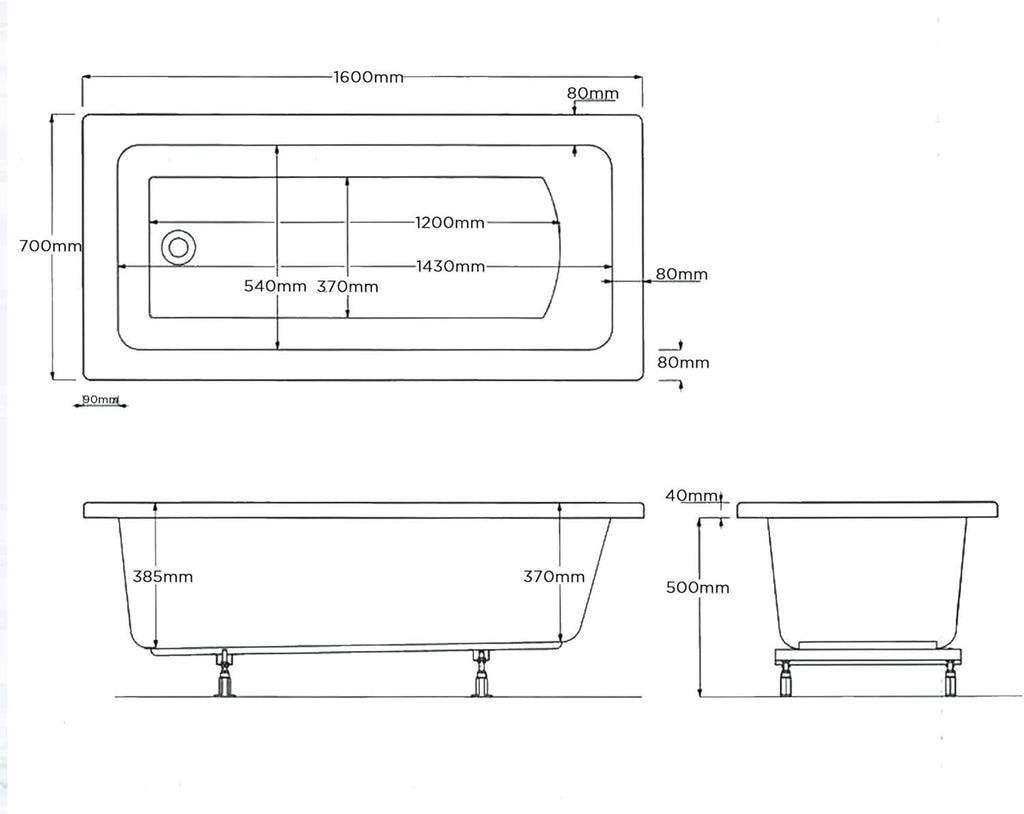 iBathUK Arvon Designer Square Single Ended Bath, Straight Acrylic Bathtub with Toughened Glass Shower Screen, 1600 x 700mm