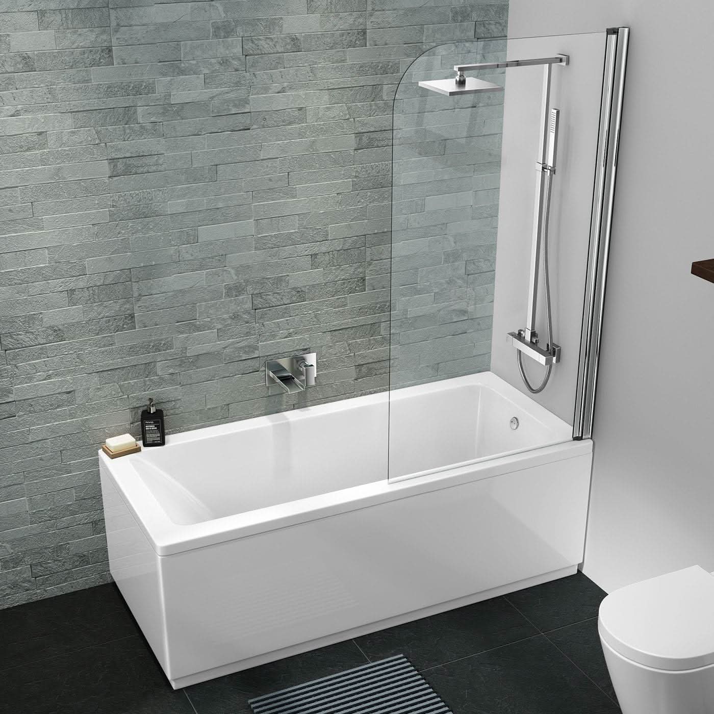 iBathUK Arvon Designer Square Single Ended Bath, Straight Acrylic Bathtub with Toughened Glass Shower Screen, 1600 x 700mm