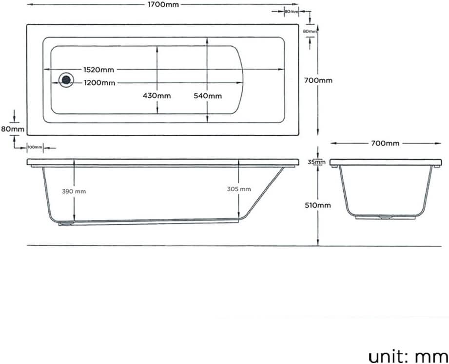 iBathUK Arvon Designer Square Single Ended Bath, Straight Acrylic Bathtub with Shower Screen & Chrome Rail, 1700 x 700mm