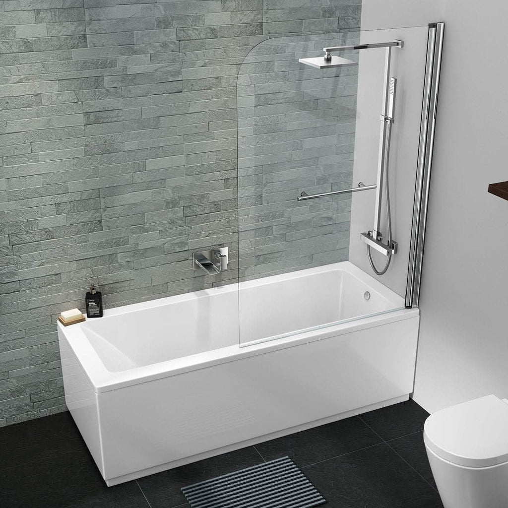 iBathUK Arvon Designer Square Single Ended Bath, Straight Acrylic Bathtub with Shower Screen & Chrome Rail, 1700 x 700mm