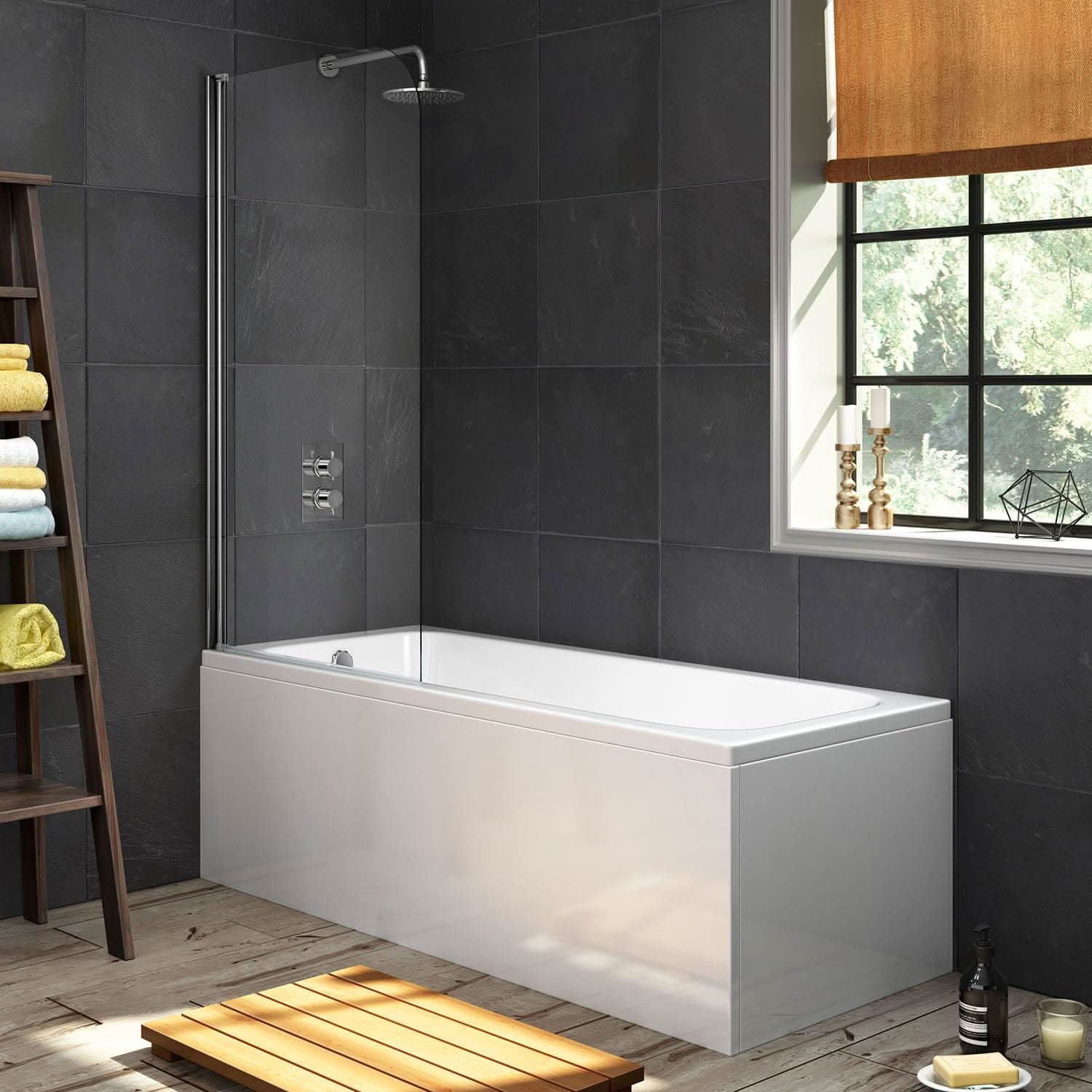 iBathUK Arvon Luxury Single Ended Bath, Compact Straight Bathtub with Toughened Glass Shower Screen & Matching Front Panel, 1500mm