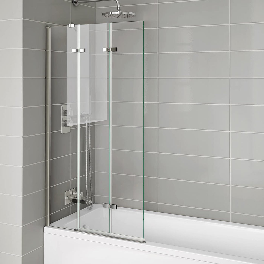 iBathUK Flexa Folding Bath Shower Screen, Left Hand Pivot Glass Door with Space-Saving Modern Design in Chrome Finish, 800mm