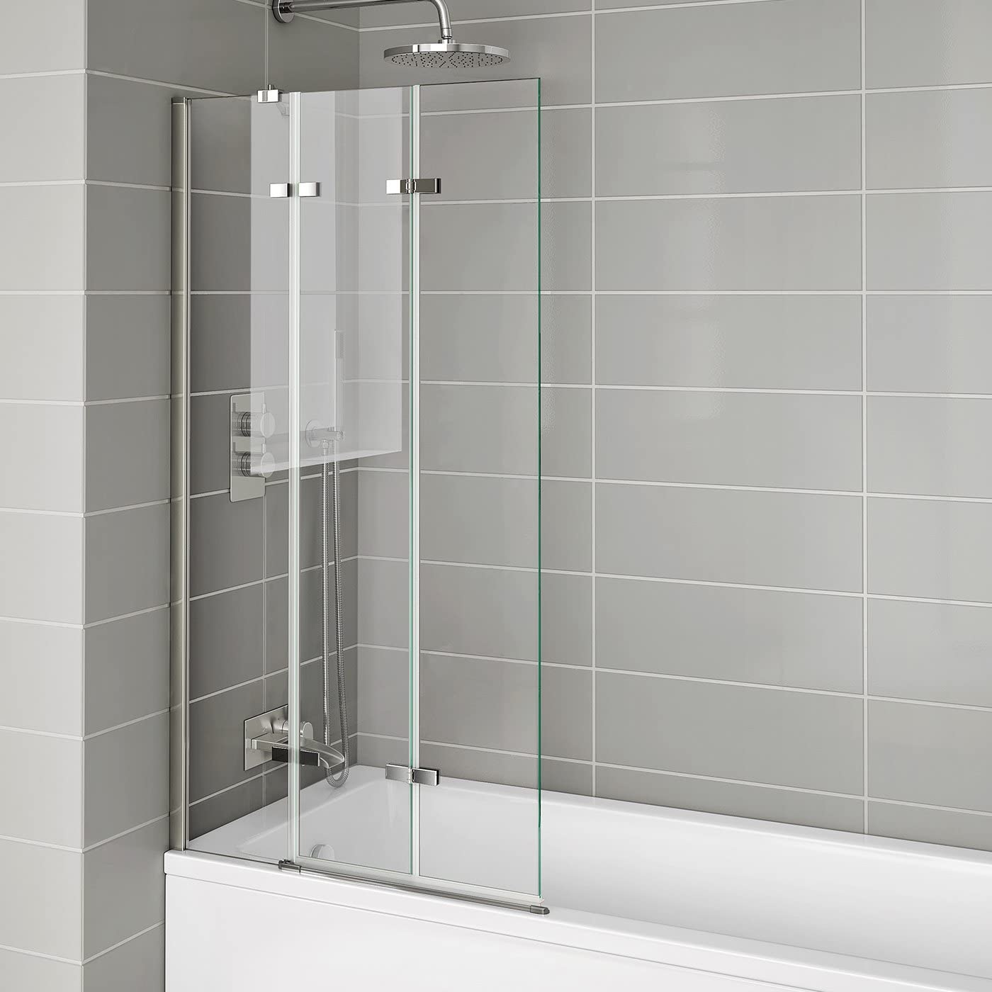 iBathUK Flexa Folding Bath Shower Screen, Left Hand Pivot Glass Door with Space-Saving Modern Design in Chrome Finish, 800mm
