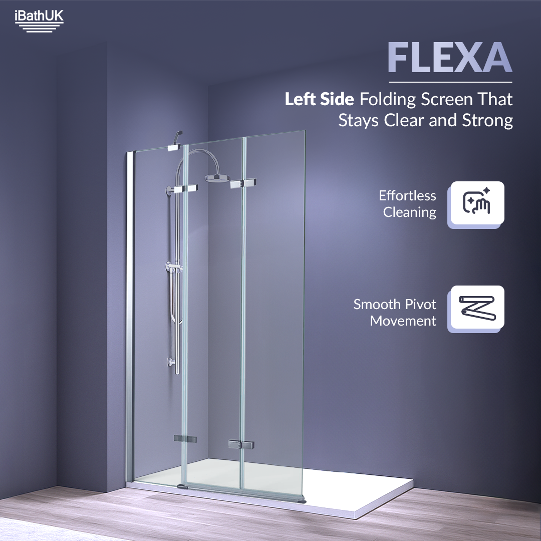 iBathUK Flexa Folding Bath Shower Screen, Left Hand Pivot Glass Door with Space-Saving Modern Design in Chrome Finish, 800mm