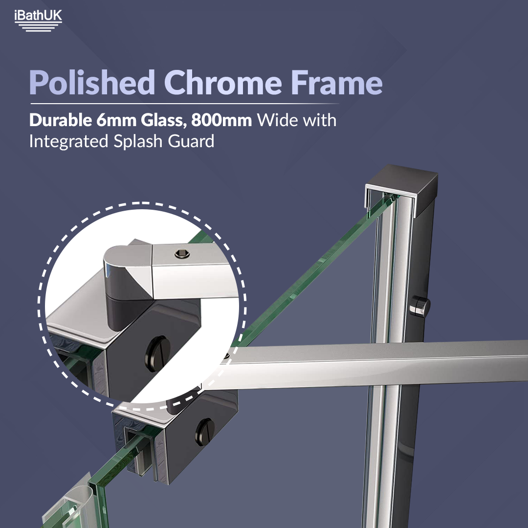 iBathUK Flexa Folding Bath Shower Screen, Left Hand Pivot Glass Door with Space-Saving Modern Design in Chrome Finish, 800mm