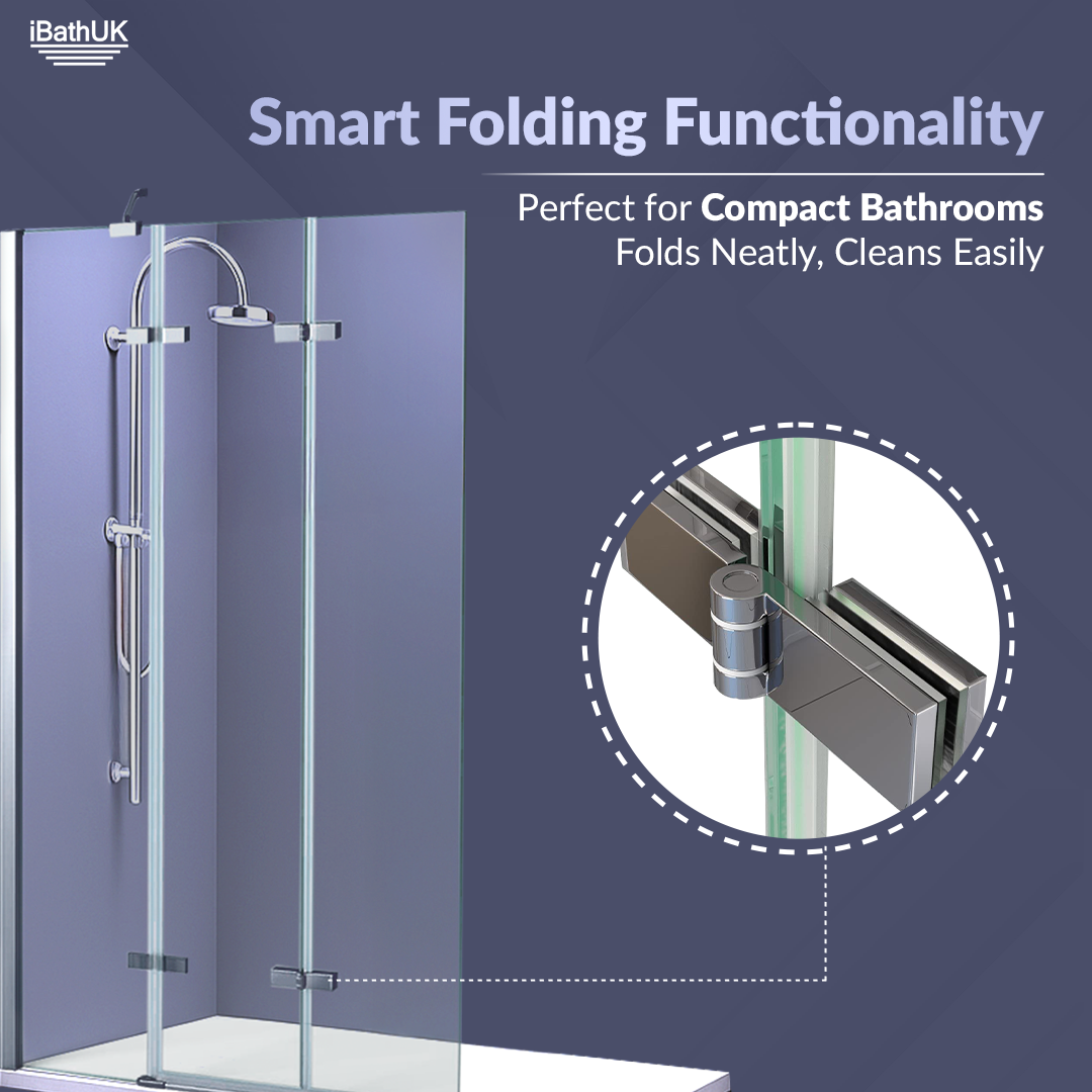 iBathUK Flexa Folding Bath Shower Screen, Left Hand Pivot Glass Door with Space-Saving Modern Design in Chrome Finish, 800mm