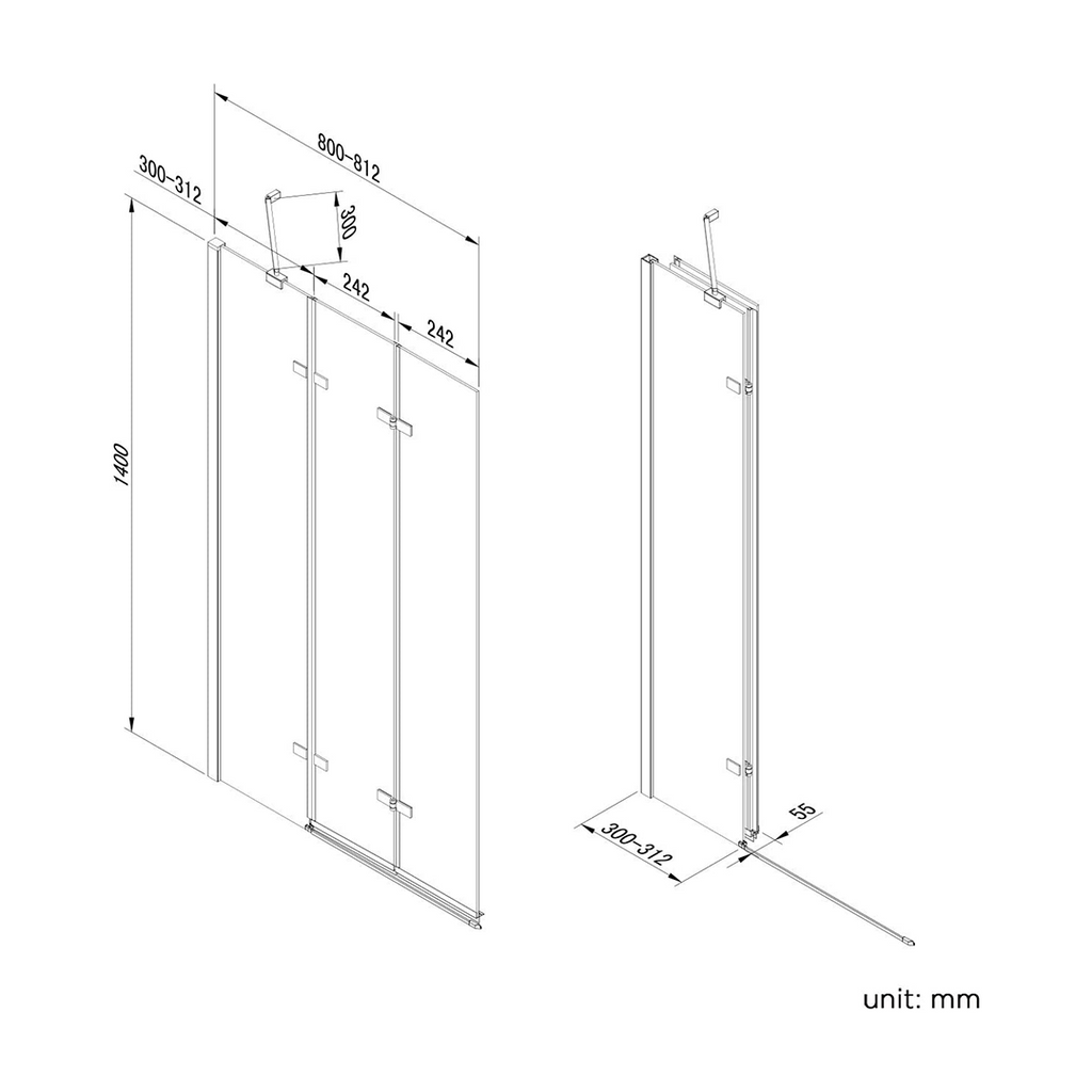 iBathUK Flexa Folding Bath Shower Screen, Left Hand Pivot Glass Door with Space-Saving Modern Design in Chrome Finish, 800mm