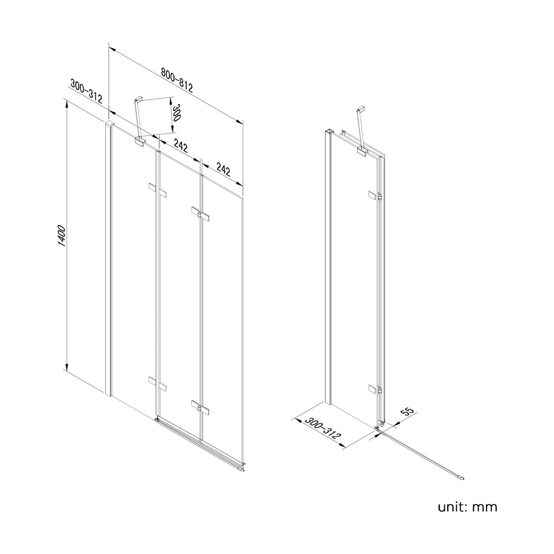 iBathUK Flexa Folding Bath Shower Screen, Left Hand Pivot Glass Door with Space-Saving Modern Design in Chrome Finish, 800mm