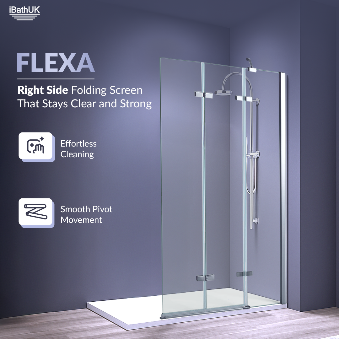 iBathUK Flexa Luxury Folding Bath Shower Screen, Pivot Glass Door Panel, Right Hand, Space-Saving Design, Modern Bath Shower Screen, Chrome, 800mm