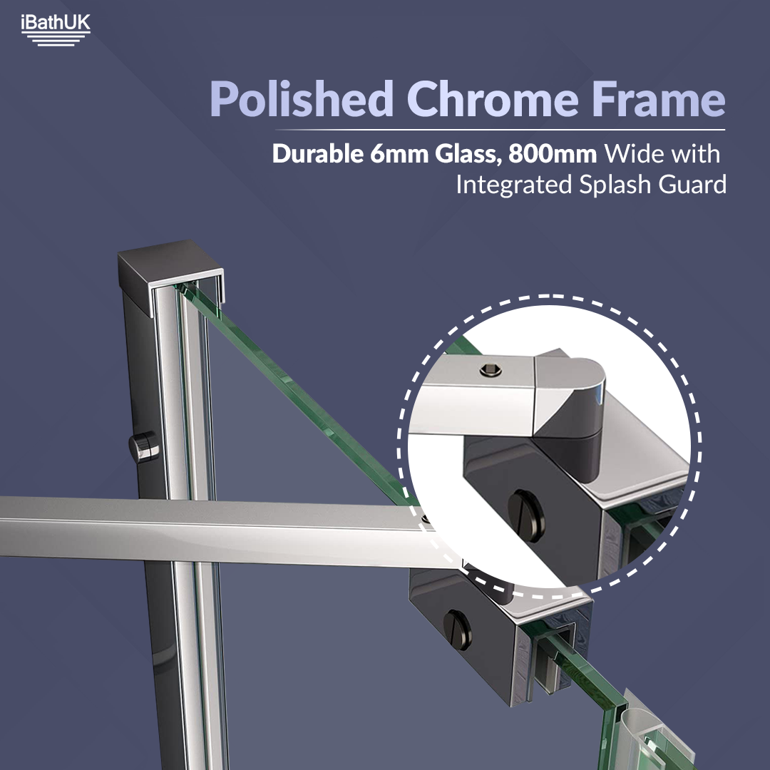 iBathUK Flexa Luxury Folding Bath Shower Screen, Pivot Glass Door Panel, Right Hand, Space-Saving Design, Modern Bath Shower Screen, Chrome, 800mm