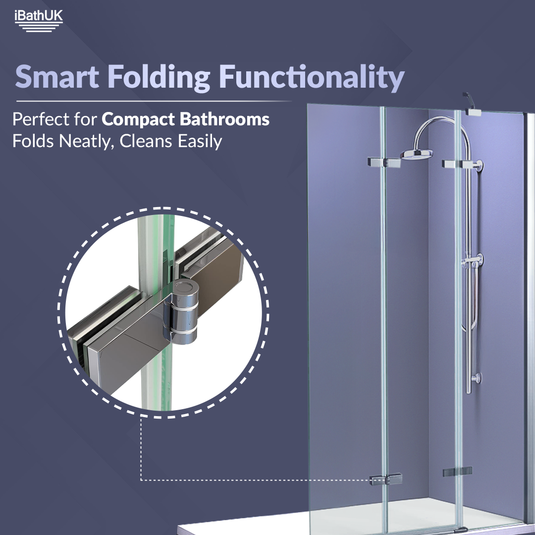 iBathUK Flexa Luxury Folding Bath Shower Screen, Pivot Glass Door Panel, Right Hand, Space-Saving Design, Modern Bath Shower Screen, Chrome, 800mm