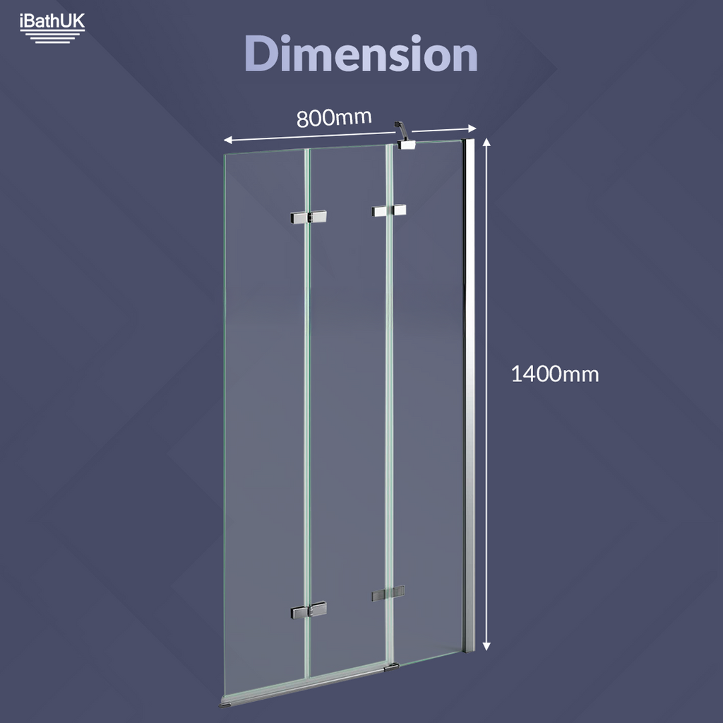 iBathUK Flexa Luxury Folding Bath Shower Screen, Pivot Glass Door Panel, Right Hand, Space-Saving Design, Modern Bath Shower Screen, Chrome, 800mm