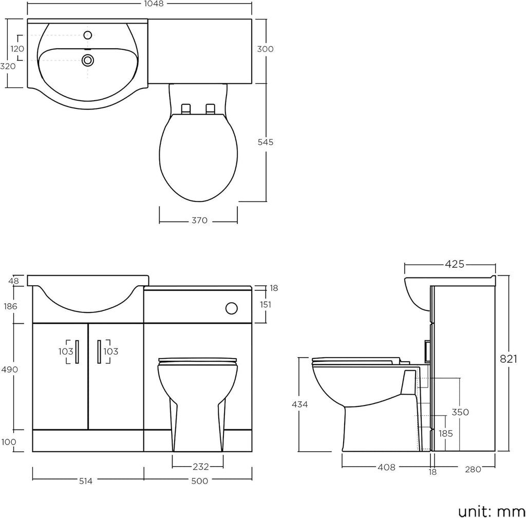 Quartz - 1048 mm White Gloss Vanity Unit Round Toilet Bathroom Sink Storage Furniture