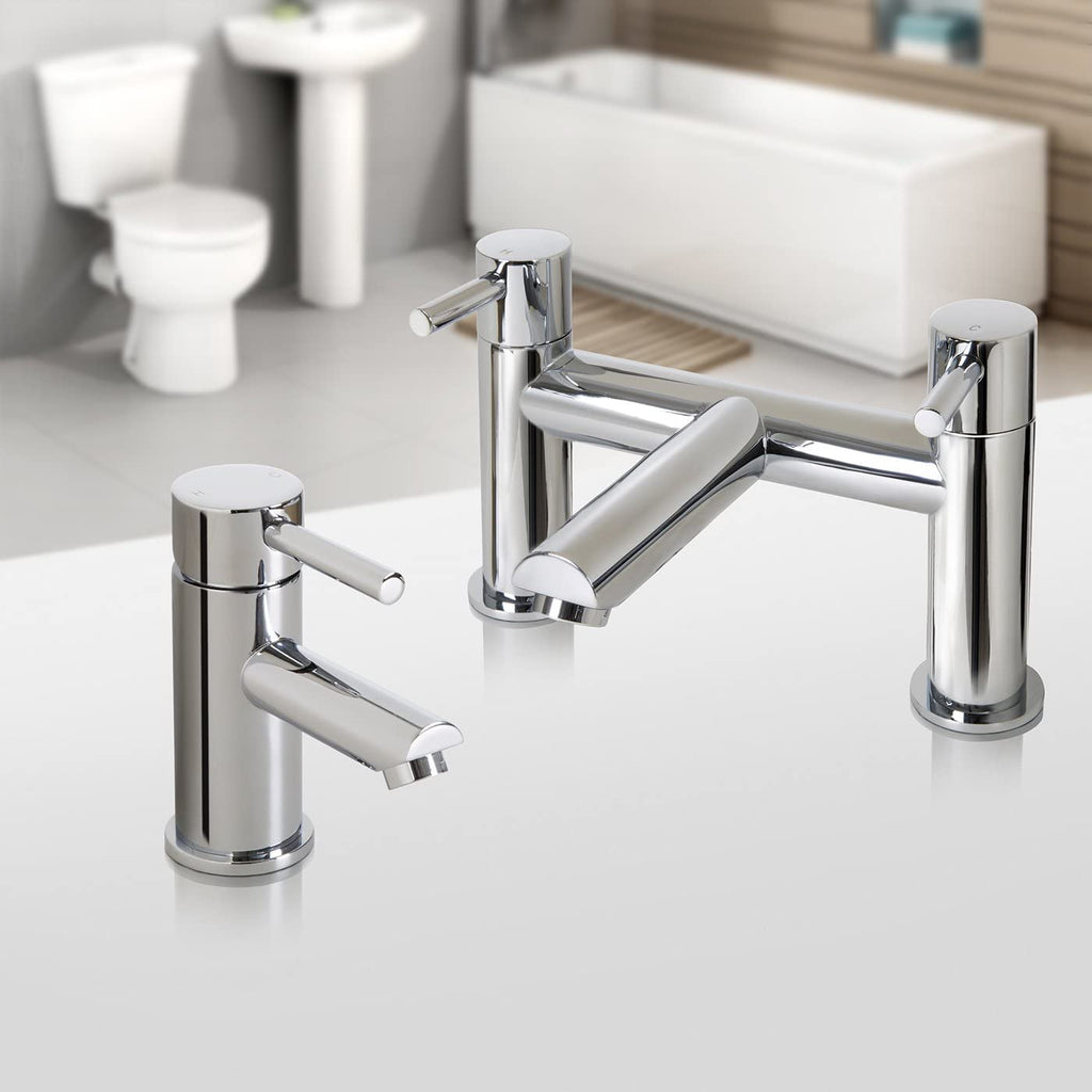 iBathUK Delta Basin Sink Mixer Tap with Bath Filler Tap Set, Coordinated Bathroom Mixer Tap and Bath Filler Tap Combo, Chrome