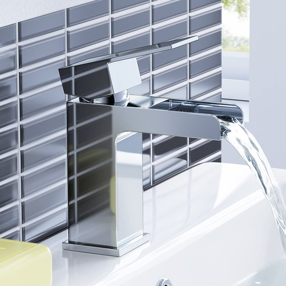 iBathUK Chrome Waterfall Basin Sink Mixer Tap, Bath Tub Filler Shower Head Bathroom Set, Stylish Bath Filler Tap for Modern Bathrooms, Chrome