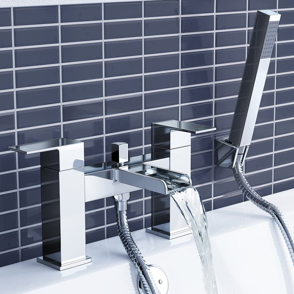 iBathUK Chrome Waterfall Basin Sink Mixer Tap, Bath Tub Filler Shower Head Bathroom Set, Stylish Bath Filler Tap for Modern Bathrooms, Chrome