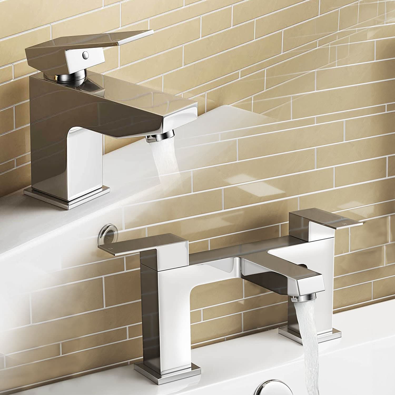 iBathUK Mist Basin Sink Mixer Tap & Bath Filler Bathroom Faucet Set, Coordinated Bathroom Filler Taps with Modern Style and Function, Chrome