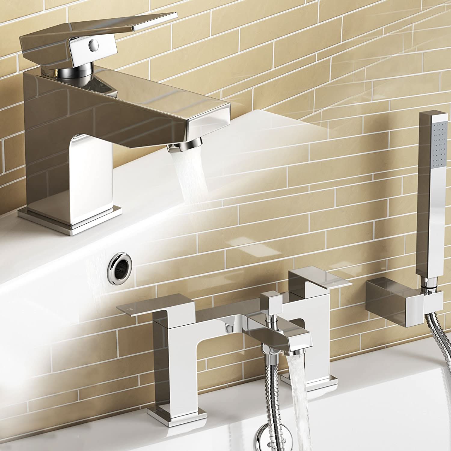 iBathUK Mist Basin Sink Mixer Tap & Bath Filler Hand Held Shower Head Set, Modern Bathroom Filler Taps, Chrome