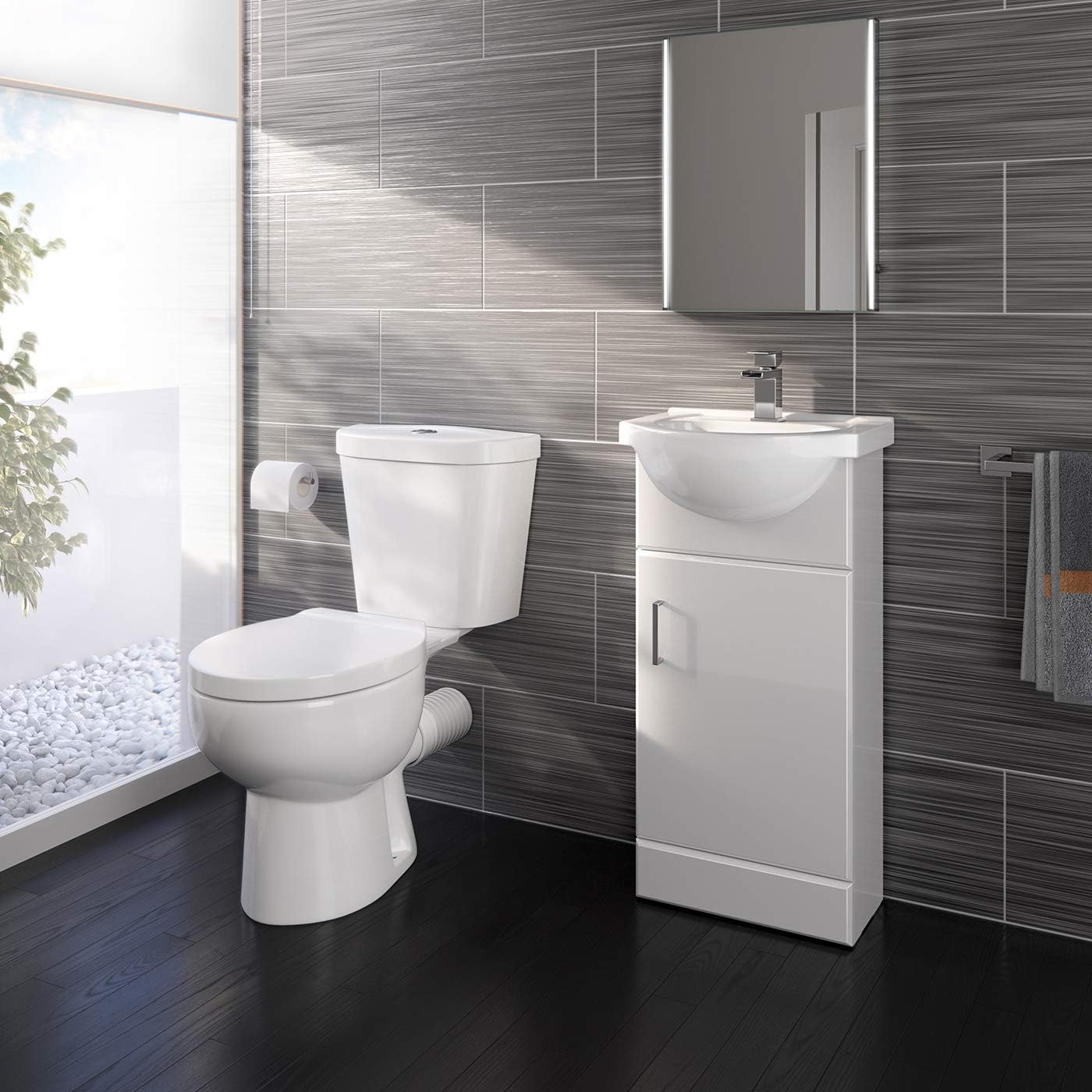 Vanity Unit Furniture Set Cloakroom, Wash Basin Bathroom Sink, Soft Close Toilet Seat, Dual Flush,Quartz Closed Coupled Toilet Set-Gloss White (Flat Pack)