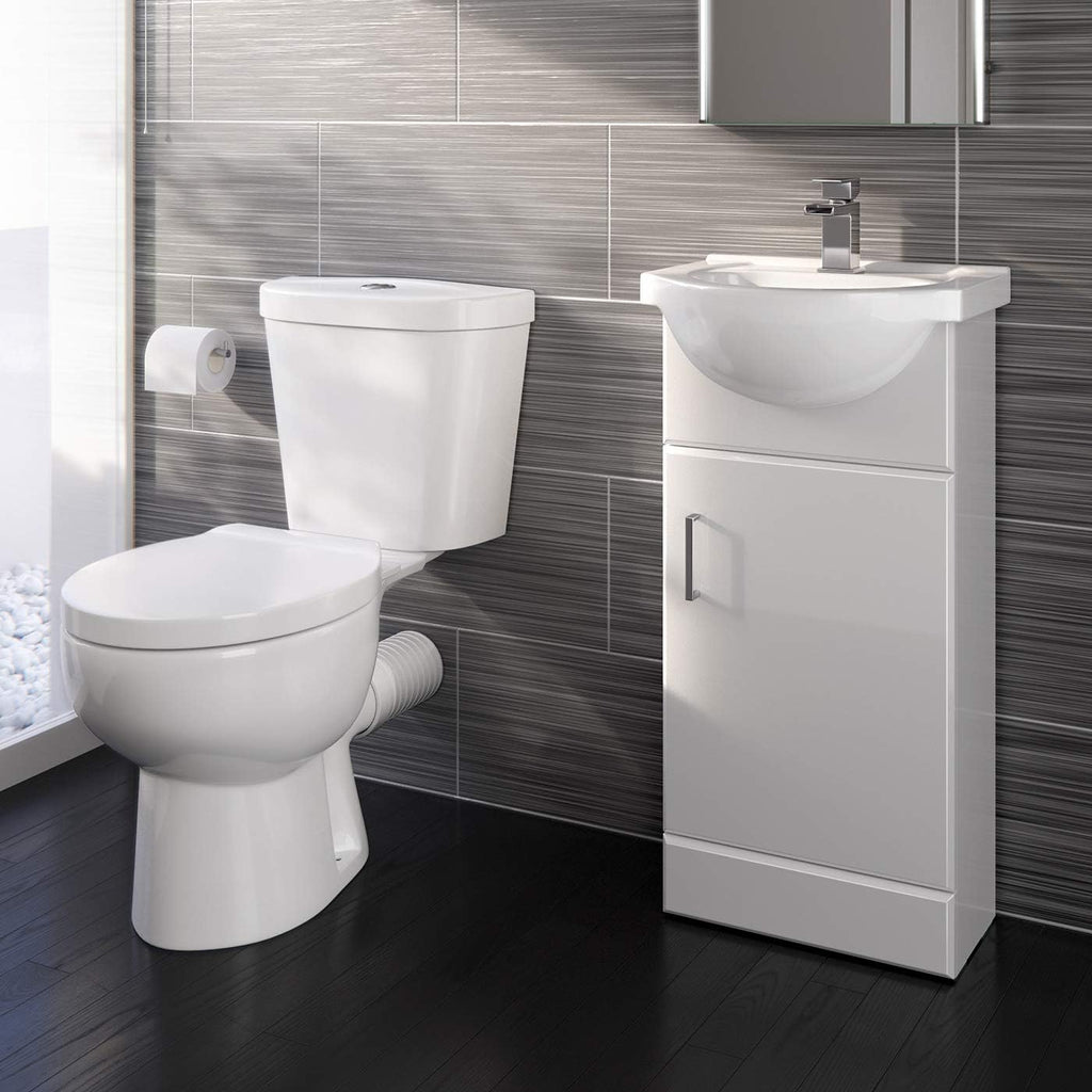 Vanity Unit Furniture Set Cloakroom, Wash Basin Bathroom Sink, Soft Close Toilet Seat, Dual Flush,Quartz Closed Coupled Toilet Set-Gloss White (Flat Pack)