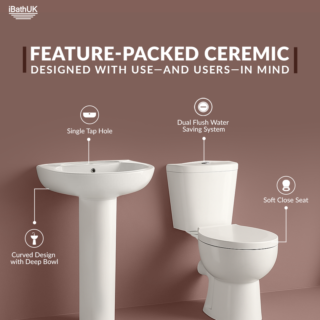 iBathUK Basics Close Coupled Toilet & Round Pedestal Basin, Stylish Complete Bathroom Suites for Contemporary Home