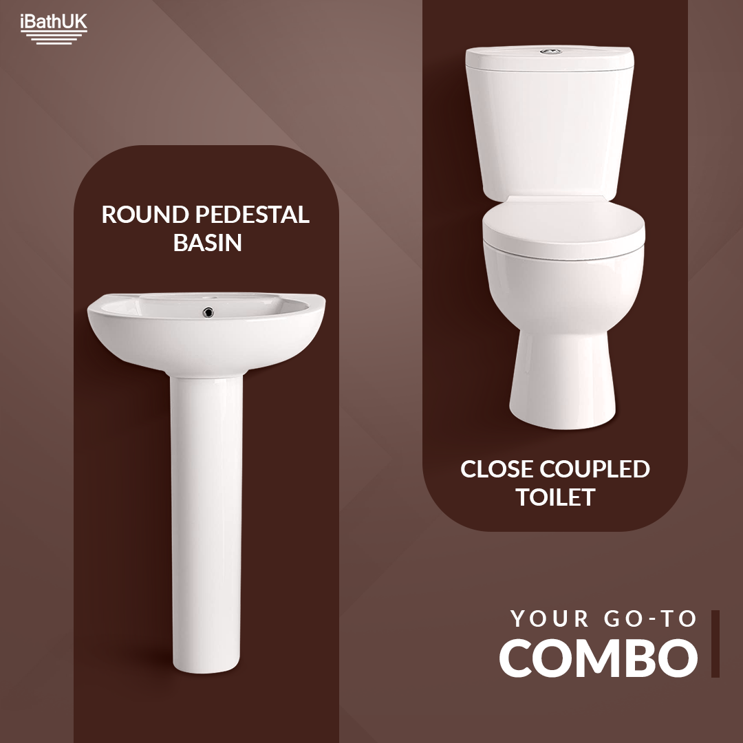 iBathUK Basics Close Coupled Toilet & Round Pedestal Basin, Stylish Complete Bathroom Suites for Contemporary Home