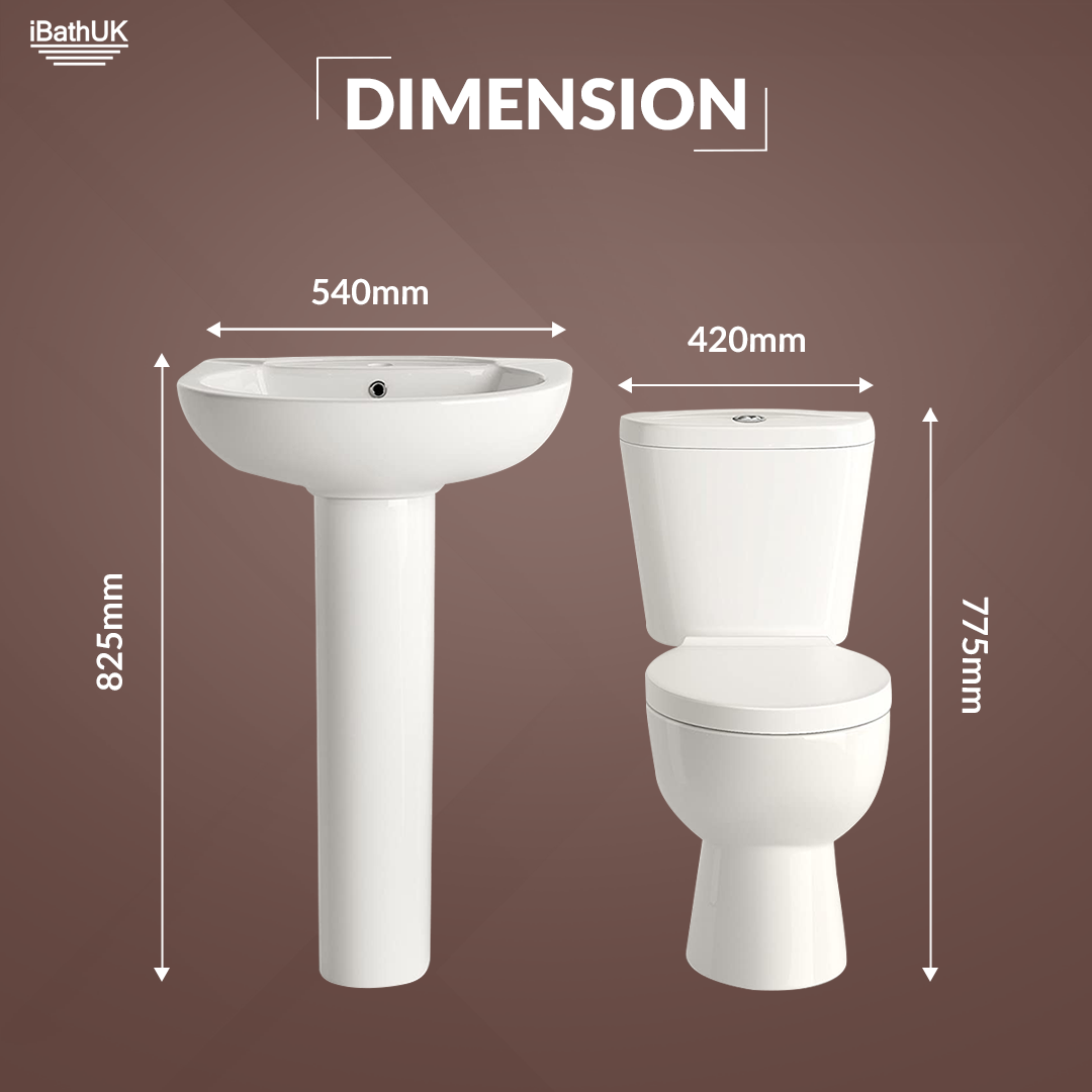 iBathUK Basics Close Coupled Toilet & Round Pedestal Basin, Stylish Complete Bathroom Suites for Contemporary Home