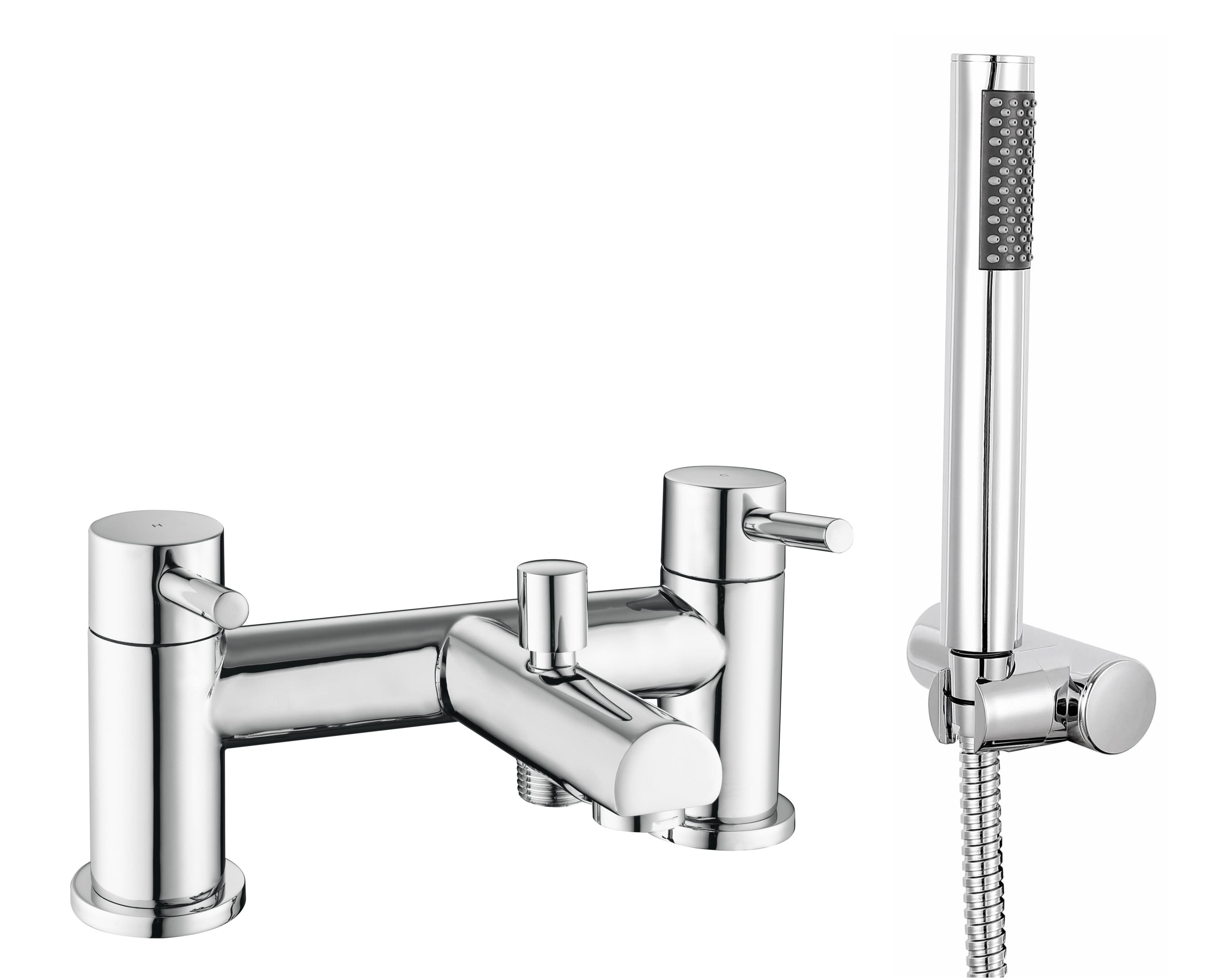iBathUK Xylen Luxury Bath Filler Mixer Tap with Modern Shower Head, Chrome Twin Lever Deck Mounted Set, Basin with Mixer Tap