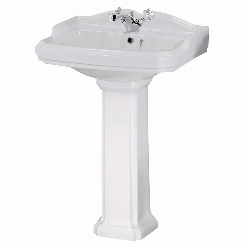 iBathUK Elizabeth Traditional Pedestal Ceramic Wash Basin with Single Tap Hole, Classic White Bathroom Sink, Ceramic Wash Basin