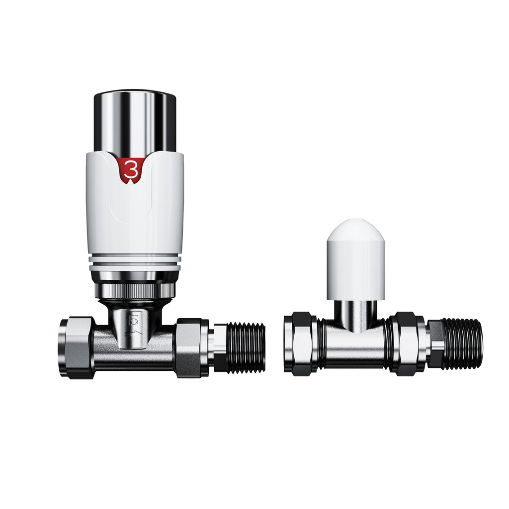 iBathUK Equa White/Chrome Thermostatic Straight Radiator Valve TRV Pair, Clip-On Install, Anti-Scald, Wall or Floor Mounted, Universal Fit for Radiators