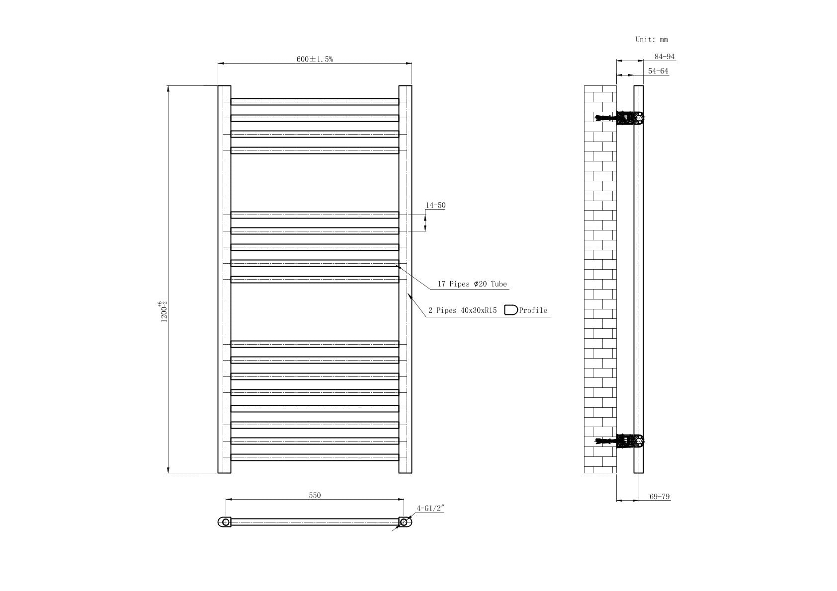 800 x 500 Straight Heated Towel Rail Chrome Bathroom Radiator