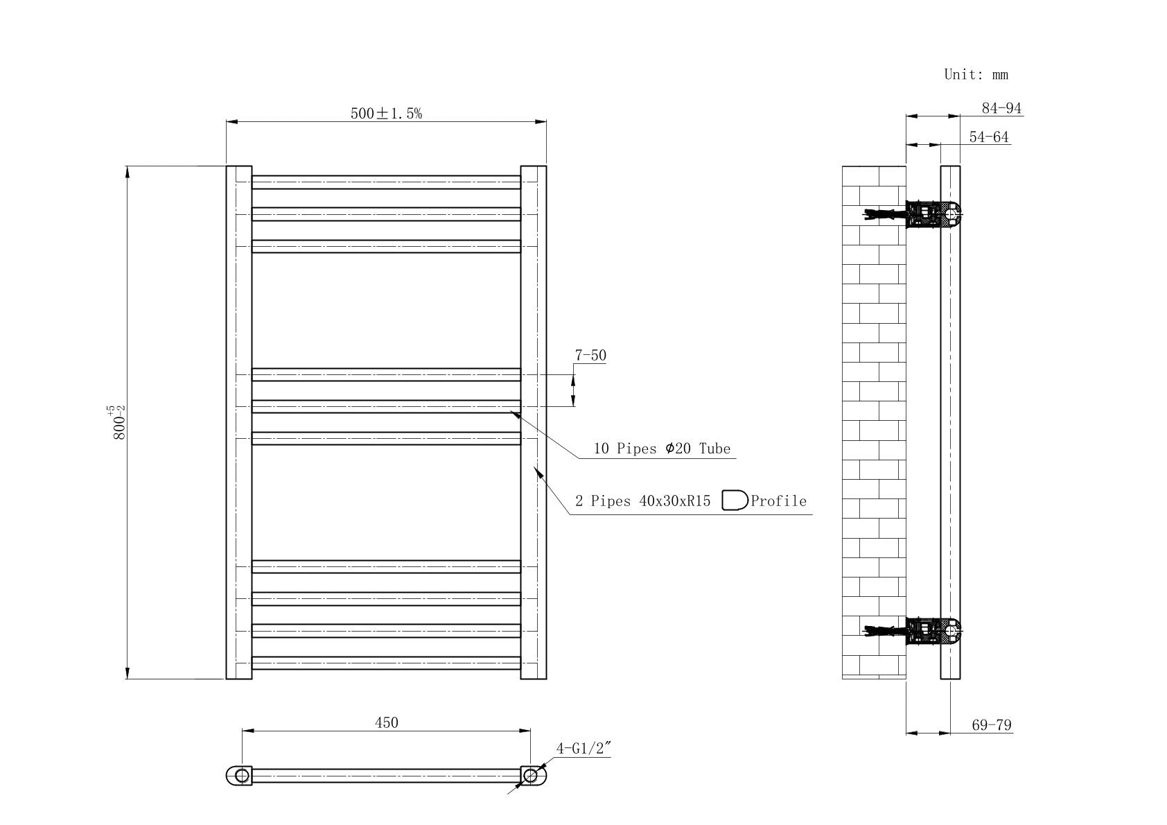 800 x 500 Straight Heated Towel Rail Chrome Bathroom Radiator