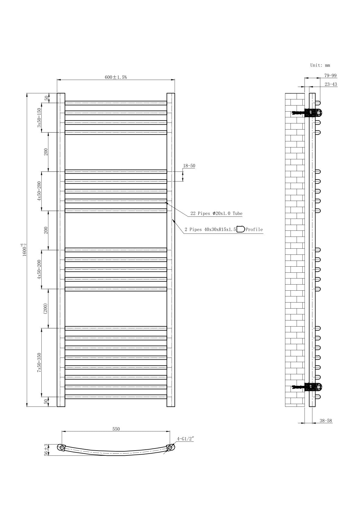 1600 x 600 Curved Heated Towel Rail Chrome Bathroom Radiator NC1600600