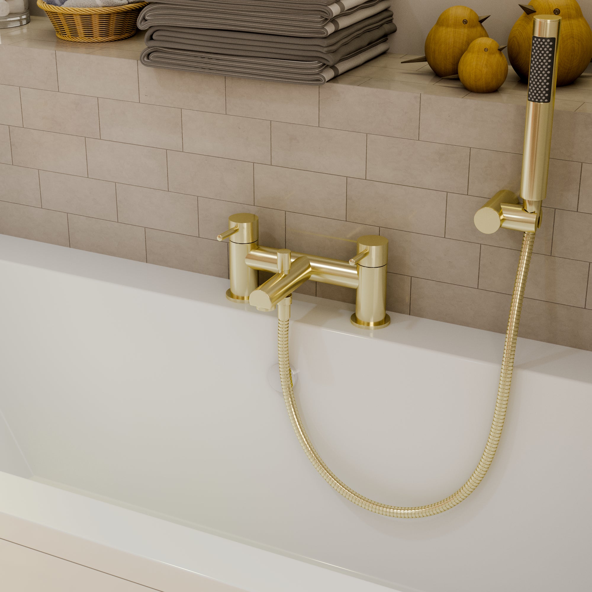 Dixon Round lever Bath Shower Mixer Tap with Kit - Brushed Brass