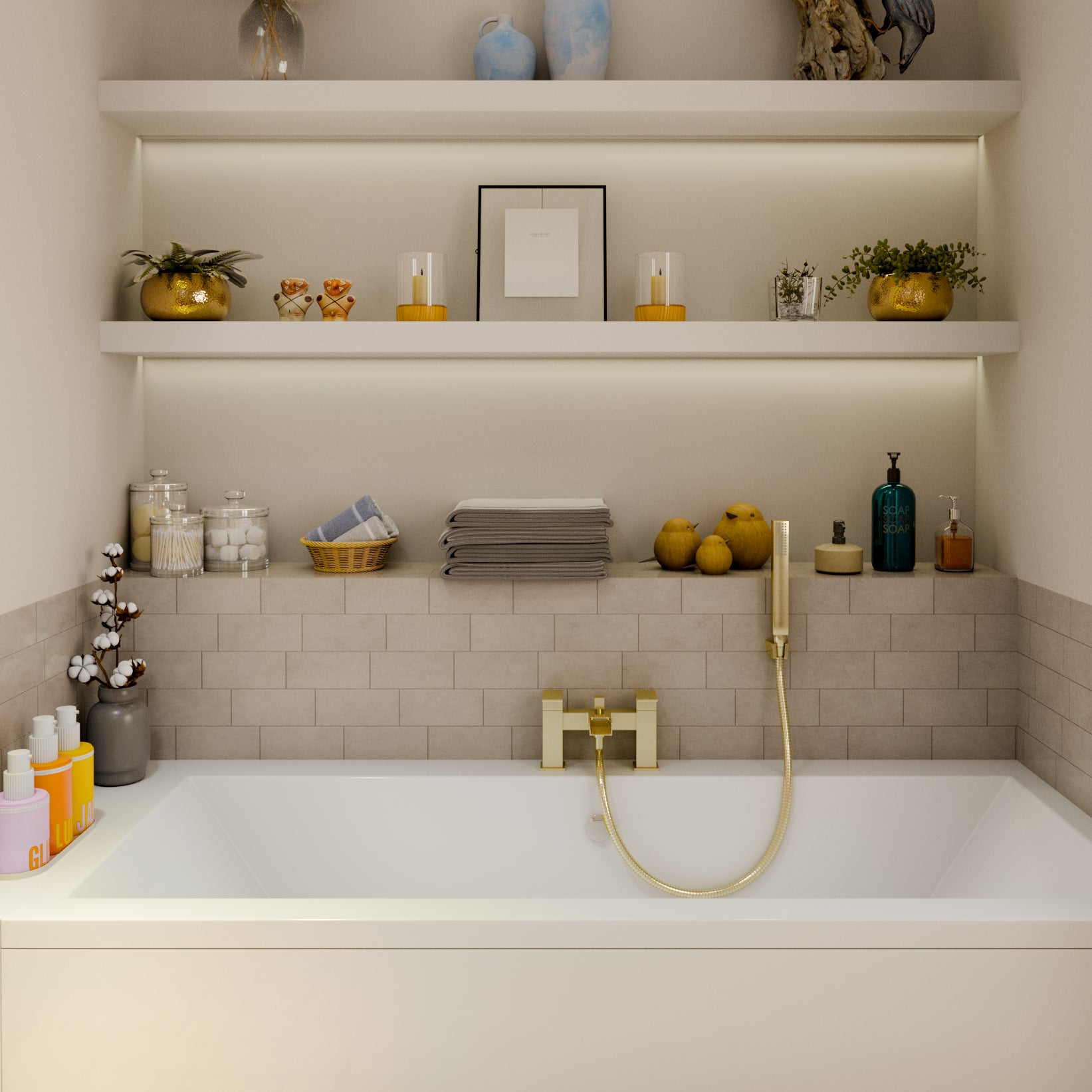 Kelvin Square Waterfall Bath Shower Mixer Tap with Kit - Brushed Brass