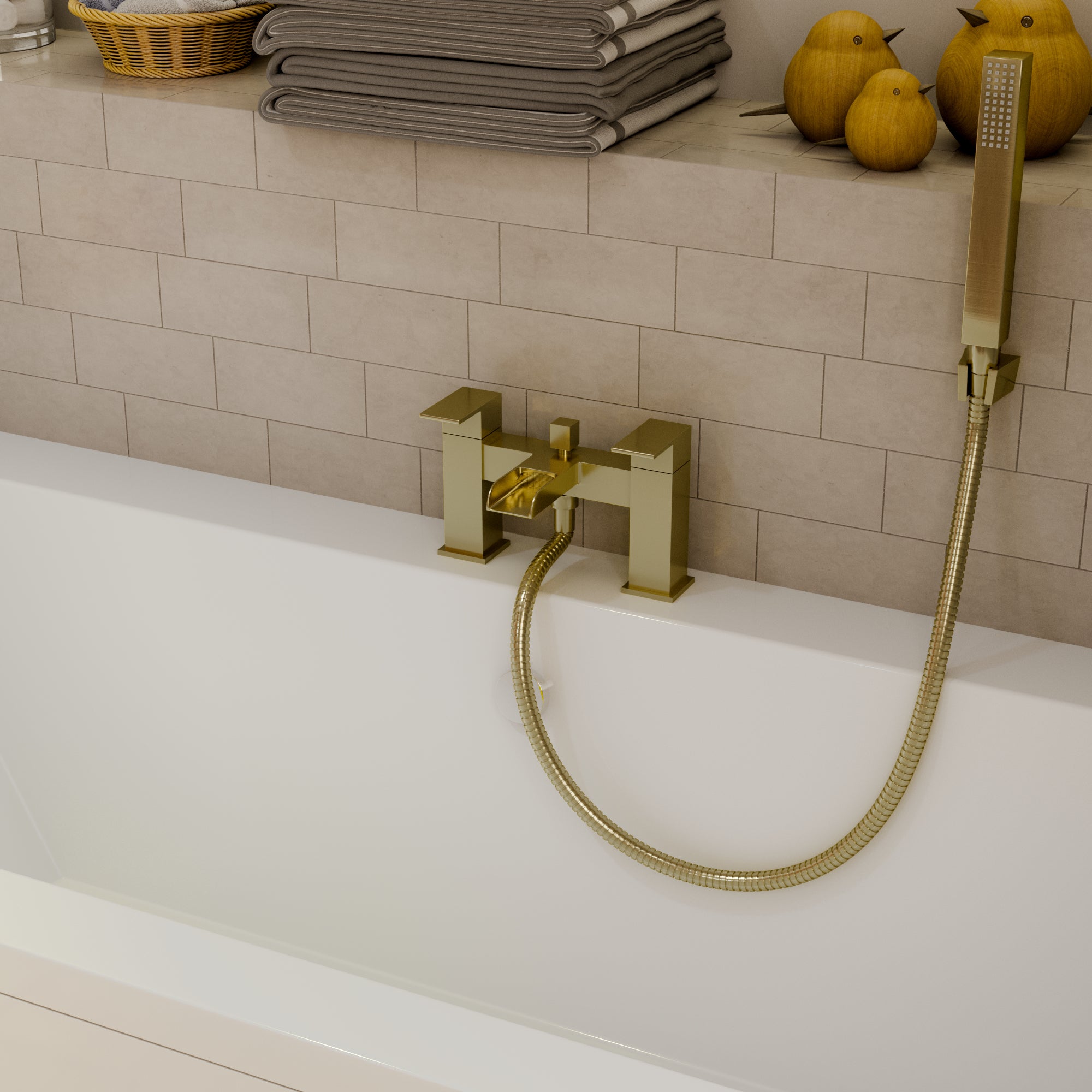 Kelvin Square Waterfall Bath Shower Mixer Tap with Kit - Brushed Brass