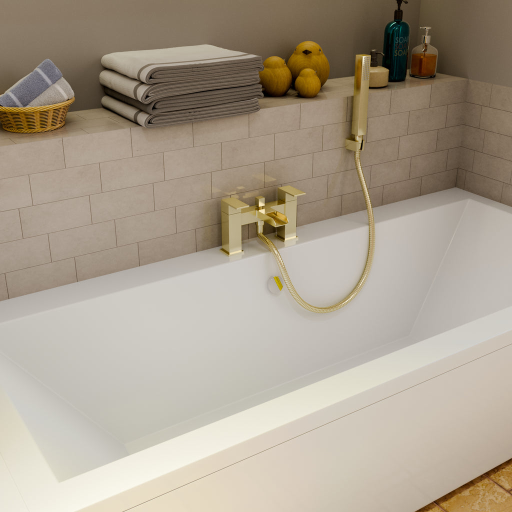 Kelvin Square Waterfall Bath Shower Mixer Tap with Kit - Brushed Brass