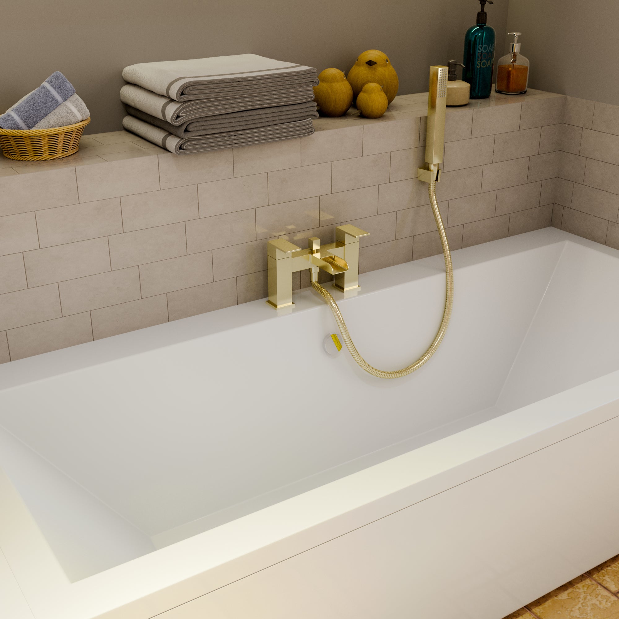 Kelvin Square Waterfall Bath Shower Mixer Tap with Kit - Brushed Brass