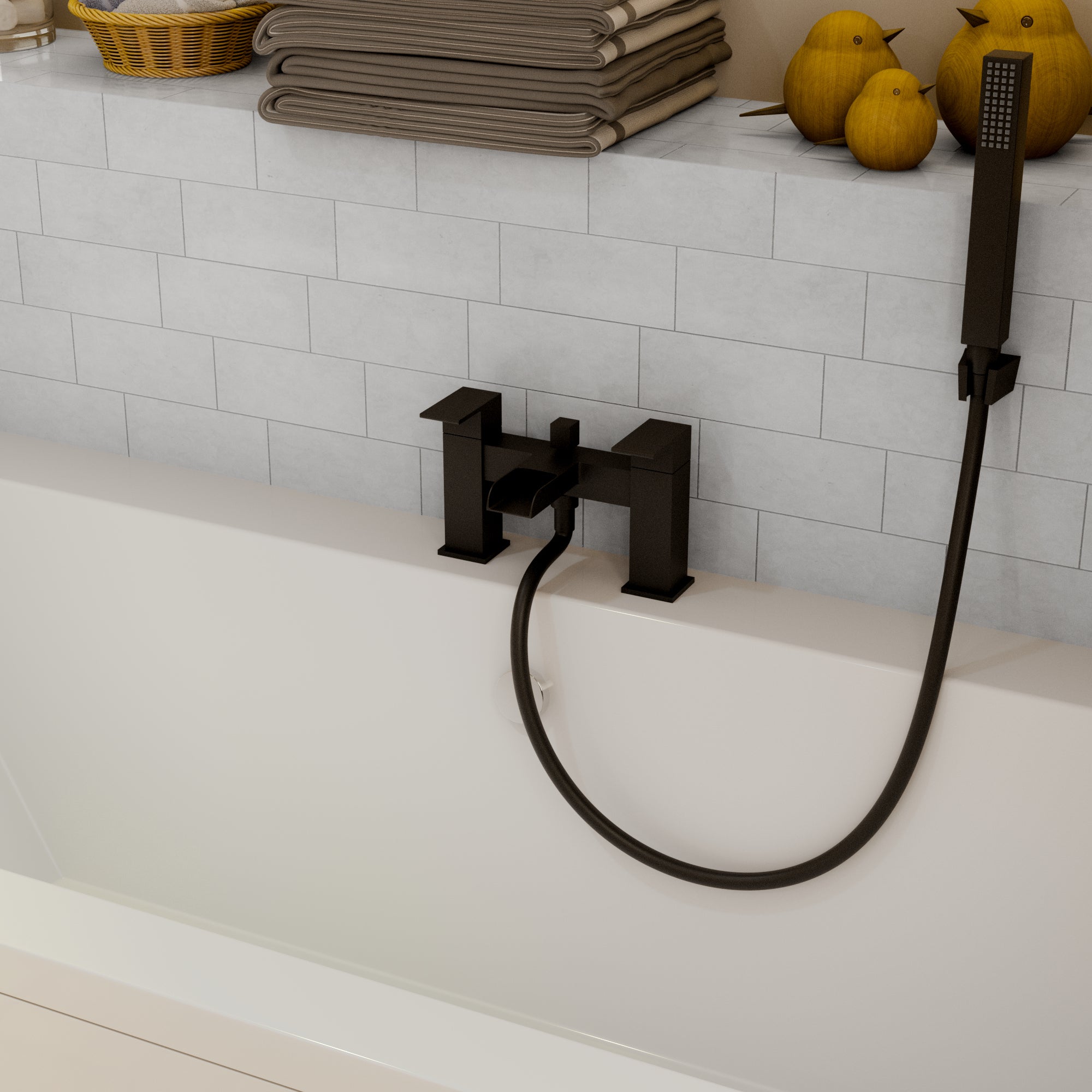 Kelvin Square Waterfall Bath Shower Mixer Tap with Kit - Matt Black