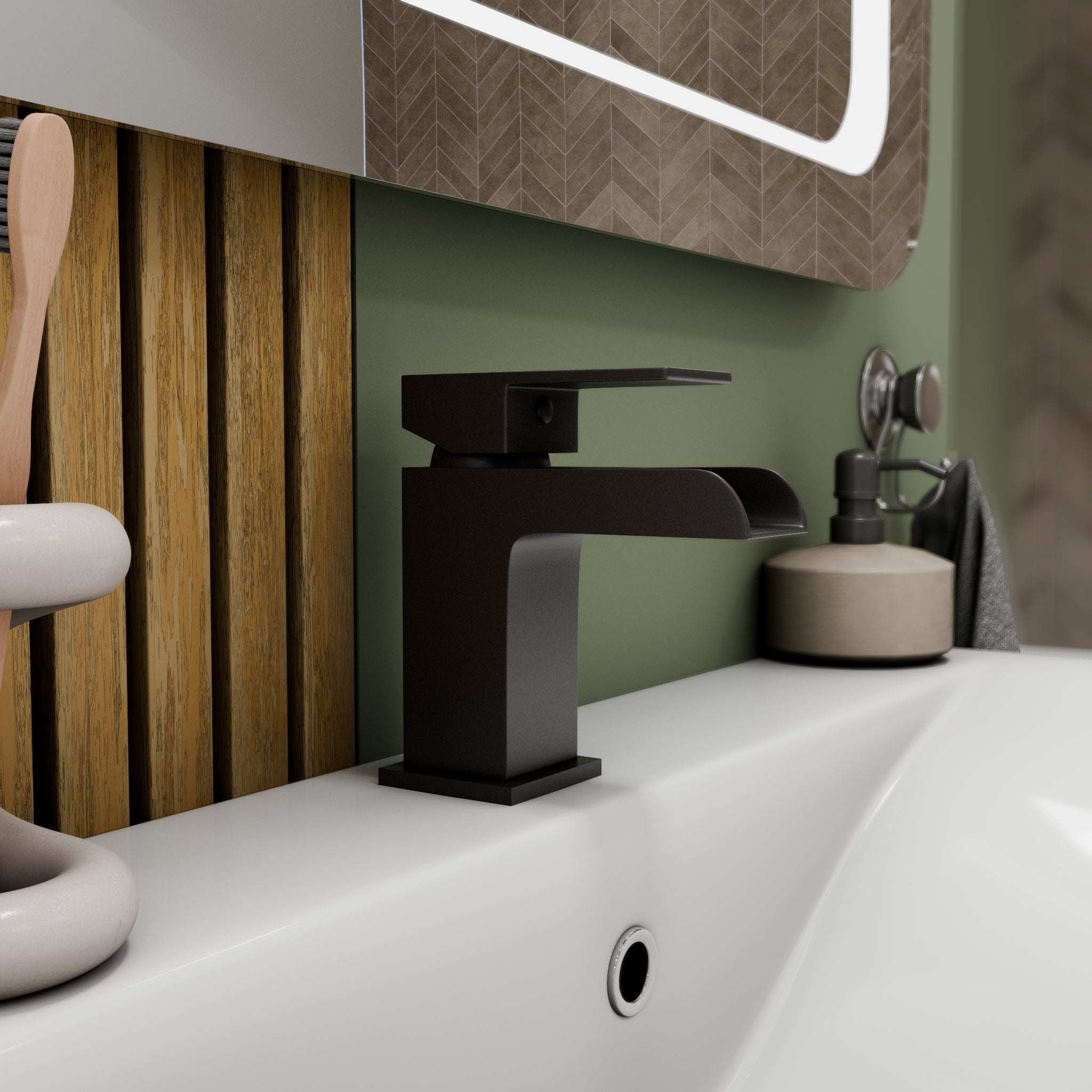 Kelvin Square Waterfall Mono Basin Mixer Tap - Matt Black