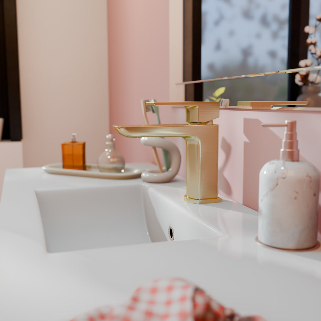 Lunar Soft Square Mono Basin Mixer Tap with Waste - Brushed Brass