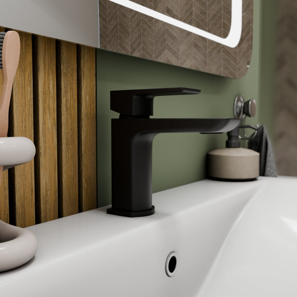 Lunar Soft Square Mono Basin Mixer Tap with Waste - Matt Black