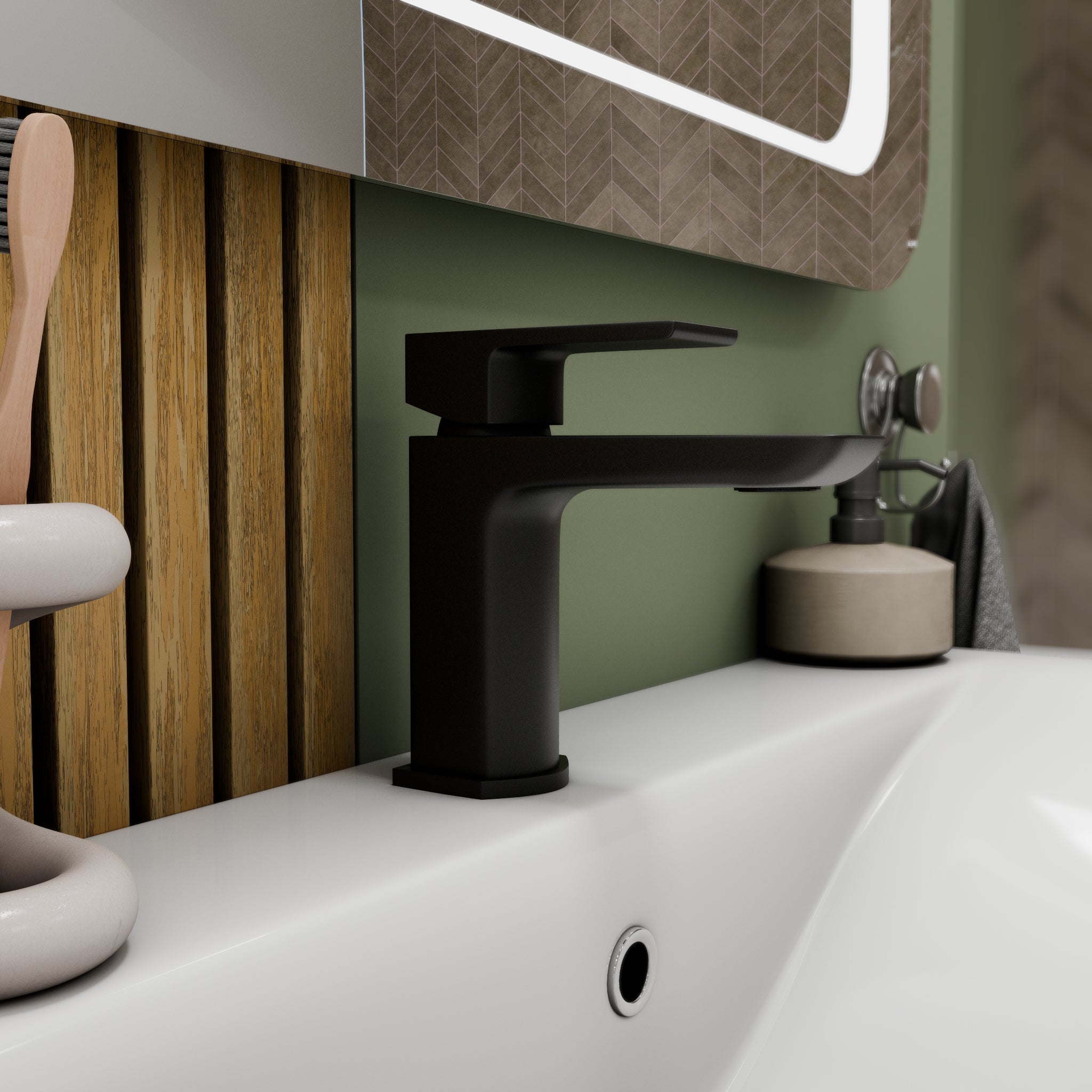 Lunar Soft Square Mono Basin Mixer Tap with Waste - Matt Black