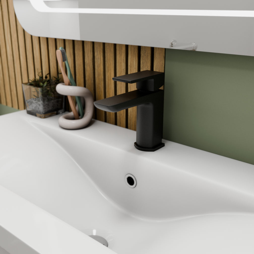 Lunar Soft Square Mono Basin Mixer Tap with Waste - Matt Black