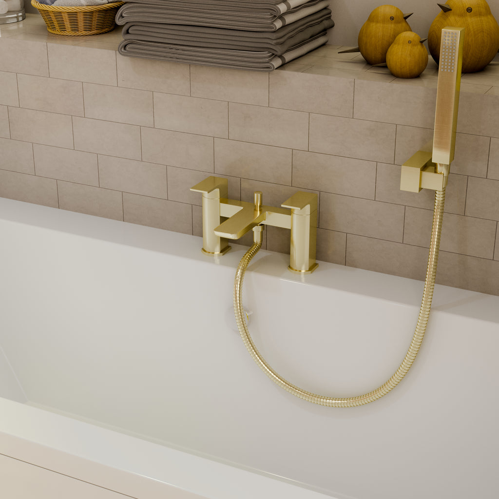 Lunar Soft Square Bath Shower Mixer Tap with Kit - Brushed Brass