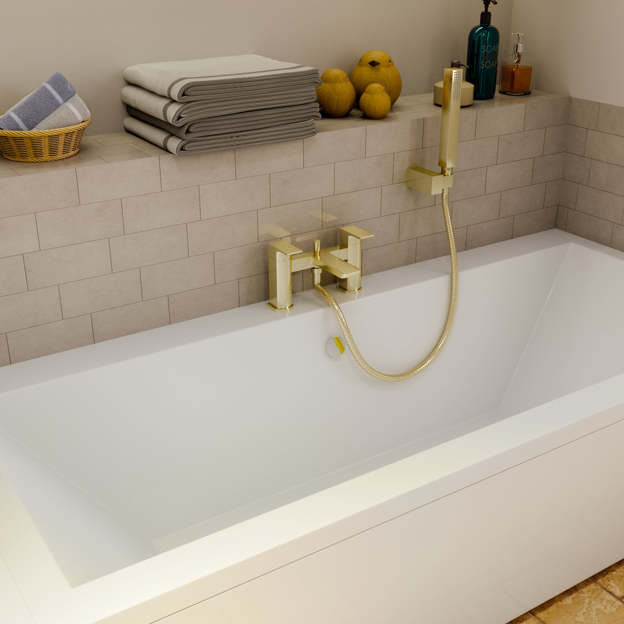 Lunar Soft Square Bath Shower Mixer Tap with Kit - Brushed Brass