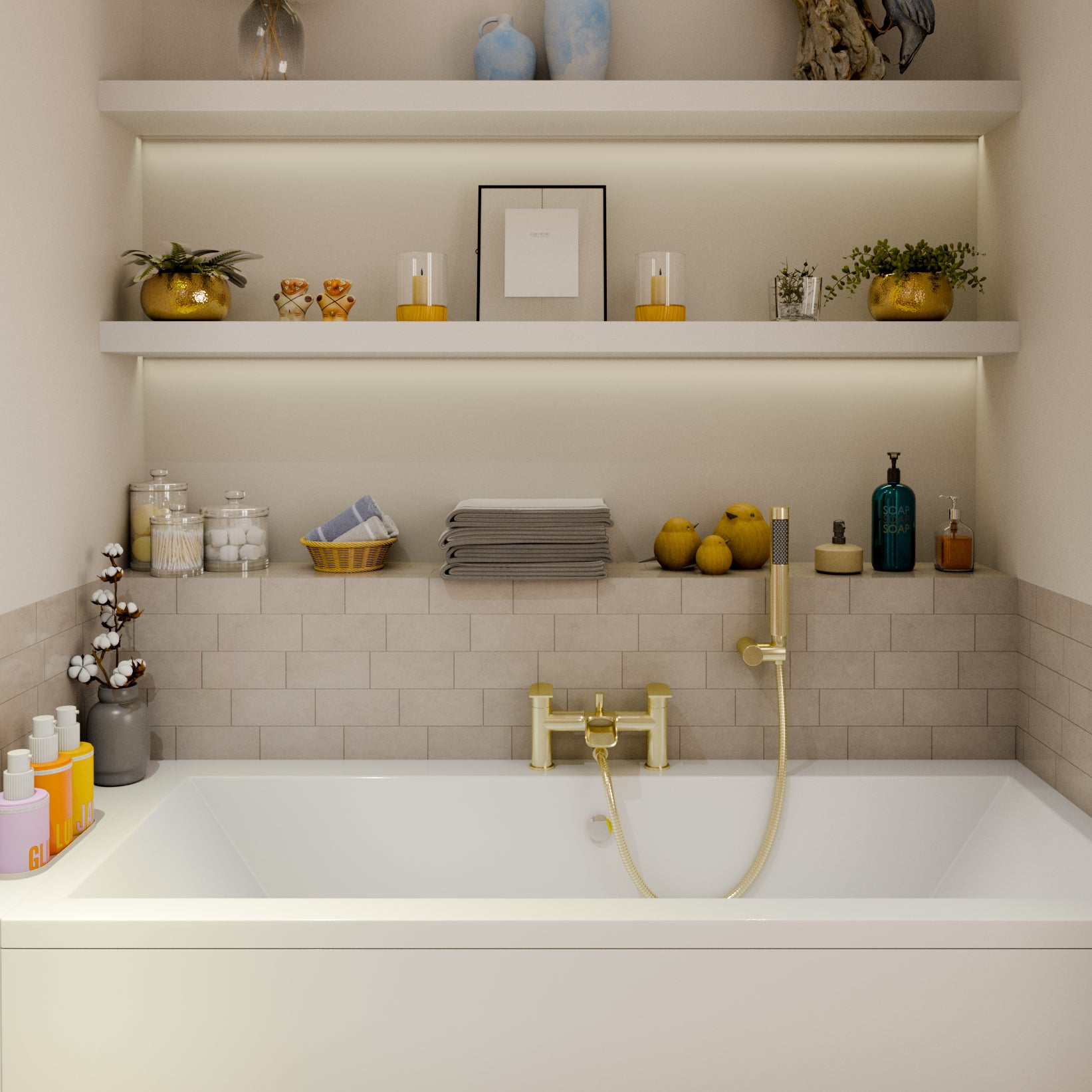 Symphony Round Waterfall Bath Shower Mixer Tap with Kit - Brushed Brass