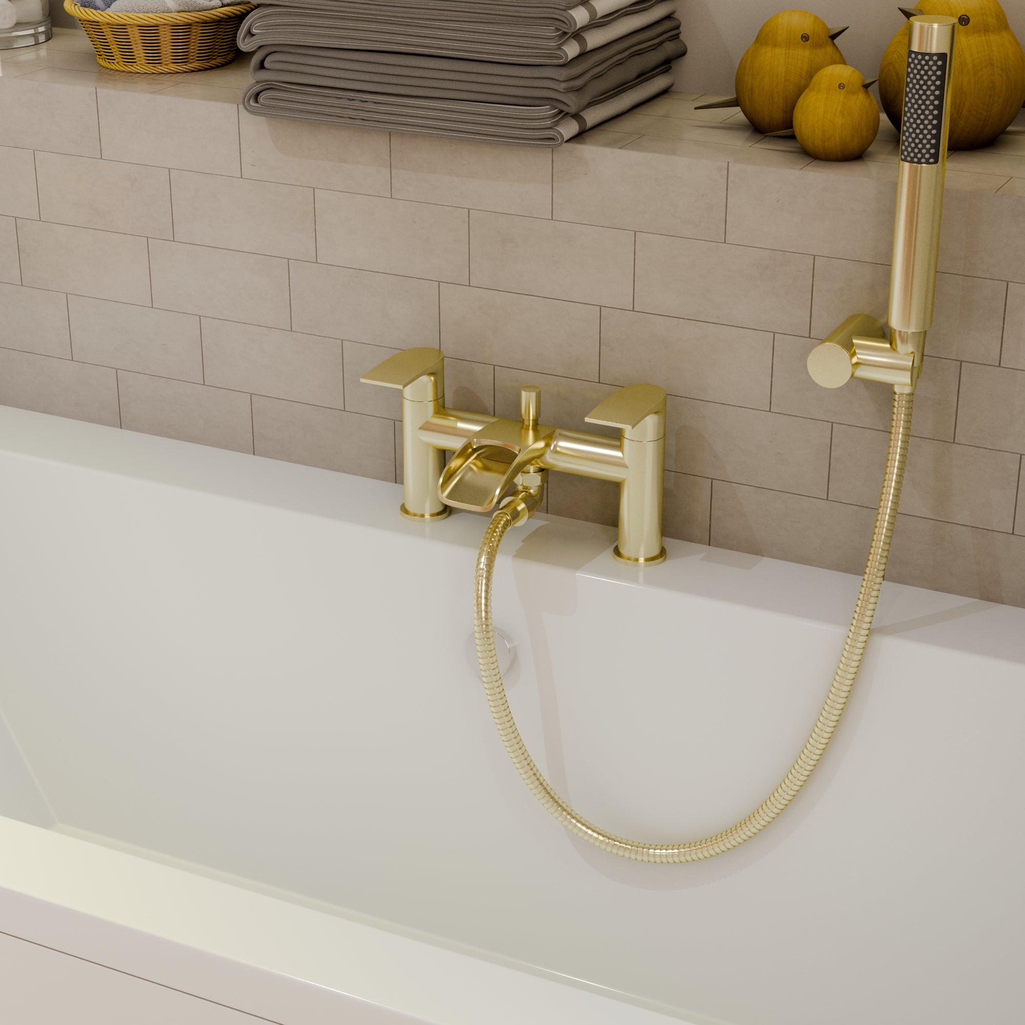 Symphony Round Waterfall Bath Shower Mixer Tap with Kit - Brushed Brass