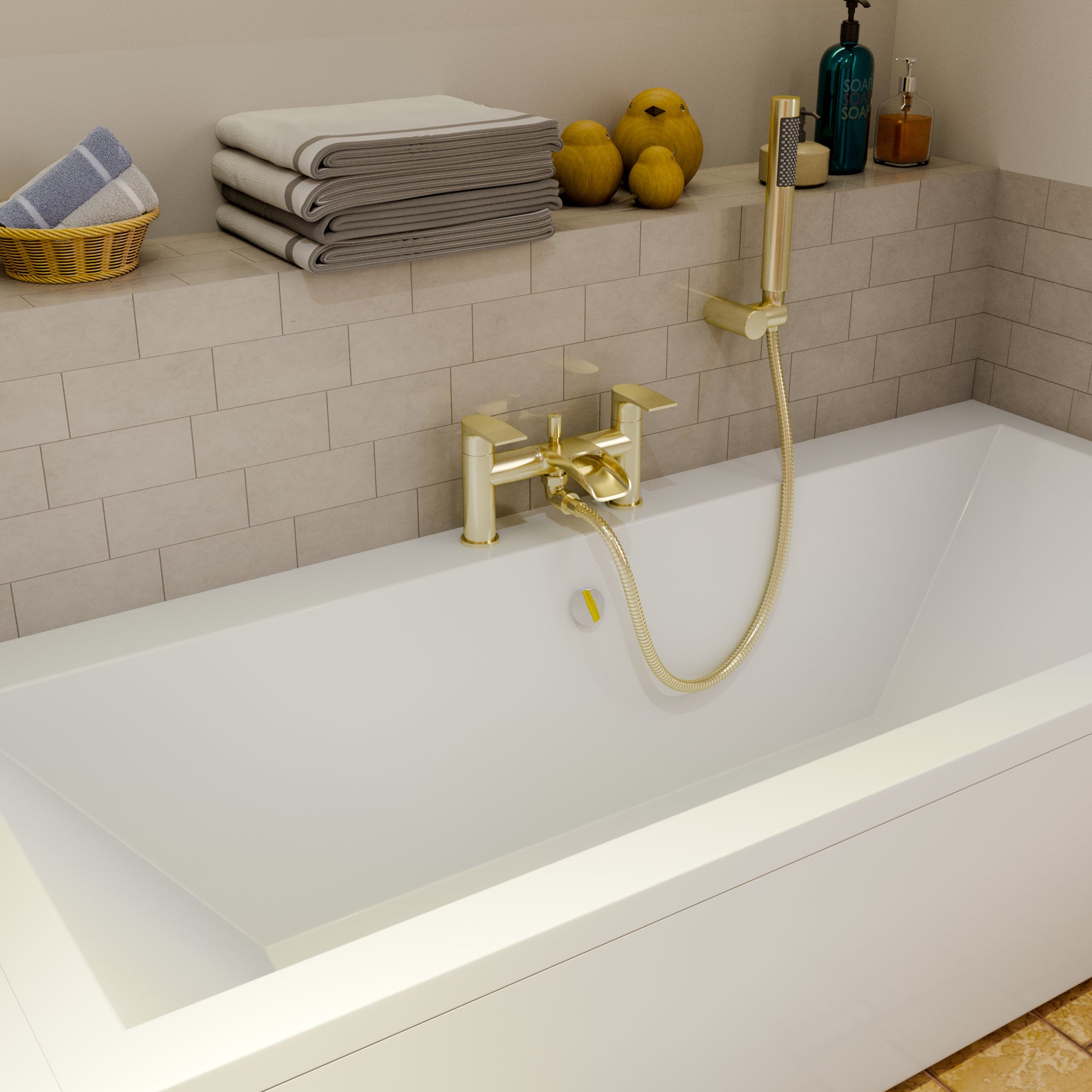 Symphony Round Waterfall Bath Shower Mixer Tap with Kit - Brushed Brass